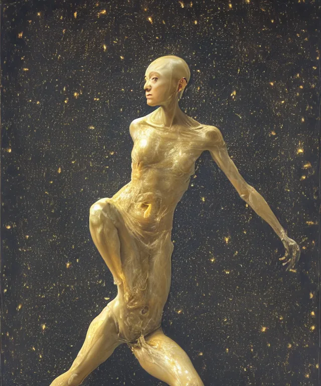 Image similar to Beautiful full-body wax sculpture of glowing transparent woman with visible golden bones covered with melted white candle wax inside the singularity where stars becoming baroque folds of dark matter by Michelangelo da Caravaggio, Nicola Samori, William Blake, Alex Grey and Beksinski, dramatic volumetric lighting, highly detailed oil painting, 8k, masterpiece