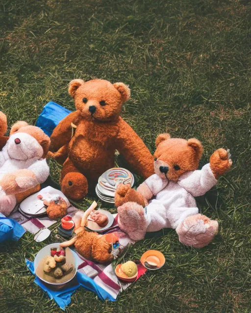 Image similar to high quality presentation photo of teddy bears having a picnic, photography 4k, f1.8 anamorphic, bokeh, 4k, Canon, Nikon