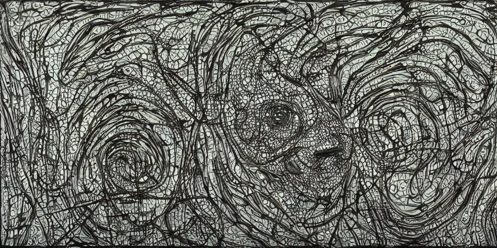 Image similar to camo of lines, technical, acrylic, teeth, eerie, tribal, clay, dots, lines, stipple, points, grid, cybernetic, old painting, swirly eyes, hypnosis