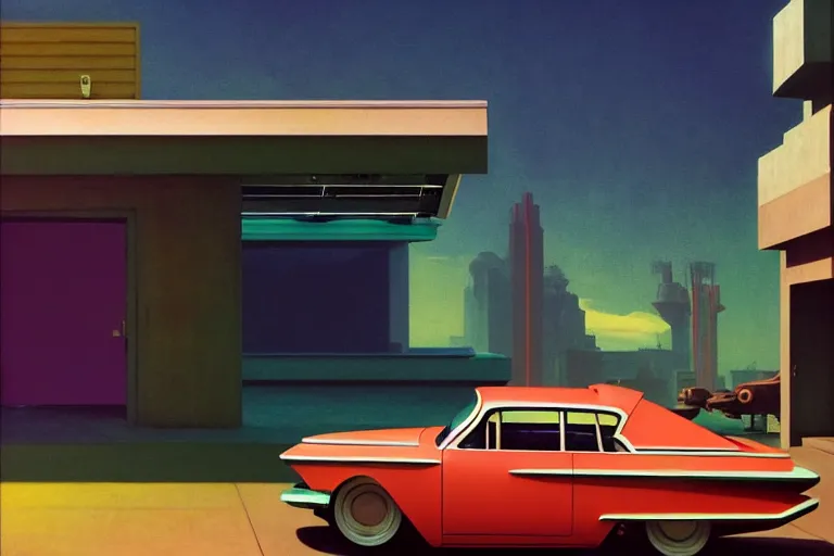 Image similar to a cinematic matte painting of a boxy 1 9 6 0 s vaporwave retro - futurism sci - fi car with solar panels on roof and doors in a cluttered garage in mumbai. by edward hopper, glennray tutor and greg rutkowski. trending on artstation.