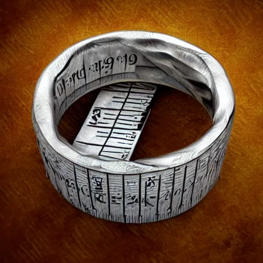 Image similar to the ring from lord if the rings with an imprinted ruler, highly detailed, 8 k, trending on artstation, mystic, rpg artwork