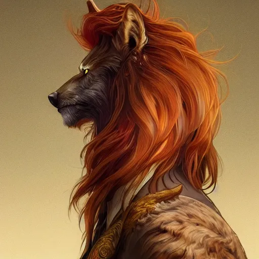 Image similar to portrait of a man - wolf, male, handsome, masculine, full body, red hair, long hair, soft hair, fantasy, intricate, elegant, highly detailed, suit, coffee shop, digital painting, artstation, concept art, character art, smooth, sharp focus, illustration, art by artgerm and greg rutkowski and alphonse mucha