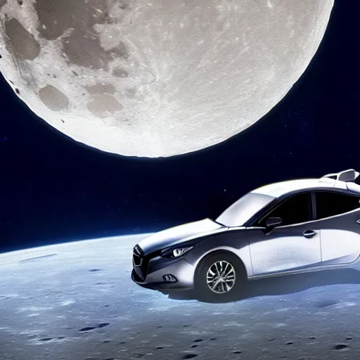 Prompt: A Mazda 3 hatchback as an alien spaceship flying over the Moon, 4K, High Detail,