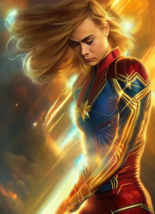 Prompt: beautiful cara delevingne as captain marvel, fantasy, intricate, elegant, highly detailed, digital painting, artstation, concept art, smooth, sharp focus, illustration, art by artgerm and greg rutkowski and alphonse mucha