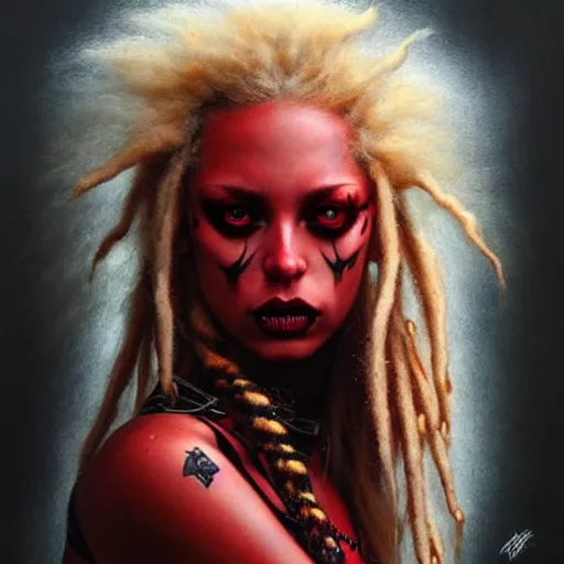 Image similar to portrait of flawless beautiful psychopathic female with blonde and red dreadlocks, dark, piercing eyes, exotic expression, esoteric clothing, photorealistic, highly detailed, mysterious lighting, artstation, smooth, sharp focus, art by michael whelan, artgerm, greg rutkowski and luis royo