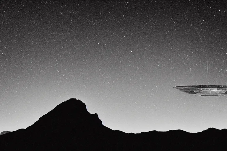 Prompt: distant alien spaceship in the style of ansel adams, black and white, old, master photography by ansel adams