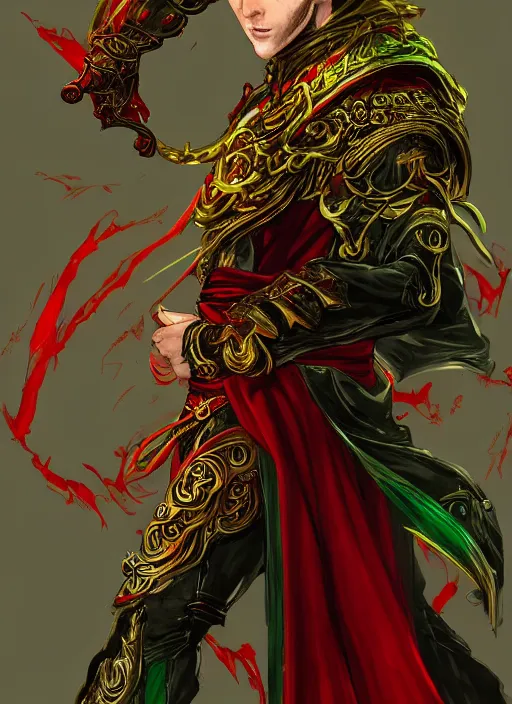 Image similar to Half body portrait of a handsome young red haired elven monk prince with dragon eyes, red, green and gold ornate robe. In style of Yoji Shinkawa and Hyung-tae Kim, trending on ArtStation, dark fantasy, great composition, concept art, highly detailed.