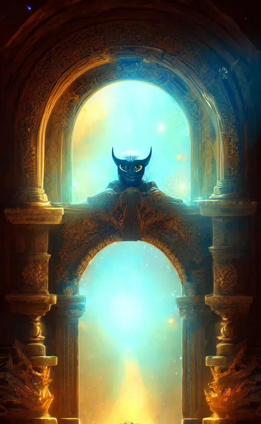 Image similar to a ornamental gate into stars a demon emerges from it, ornament, intarsia, portal, doorway, no background, dynamic lighting, ambient lighting, atmospherical, photorealistic fantasy concept art, trending on art station, stunning visuals, creative, cinematic, ultra detailed