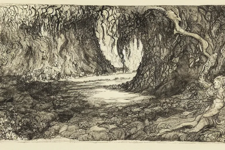 Prompt: pigmented ink landscape illustration of enchanted waterfalls lagoon by arthur rackham and gustave dore and william blake