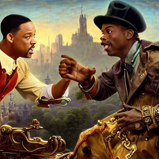 Prompt: Will smith slapping chris rock, Realistic, Regal, Refined, Detailed Digital Art, Michael Cheval, Walt Disney (1937), François Boucher, Oil Painting, Steampunk, Highly Detailed, Cinematic Lighting, Unreal Engine, 8k