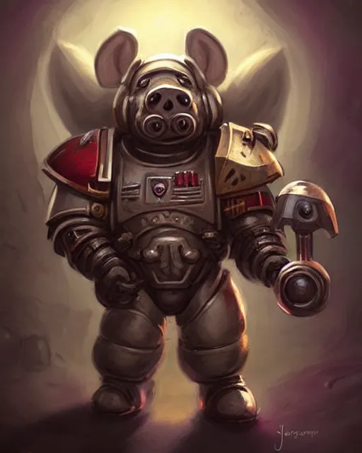 Image similar to cute little anthropomorphic Pig Space Marine, tiny, small, short, Space marine, cute and adorable, pretty, beautiful, DnD character art portrait, matte fantasy painting, DeviantArt Artstation, by Jason Felix by Steve Argyle by Tyler Jacobson by Peter Mohrbacher, cinema