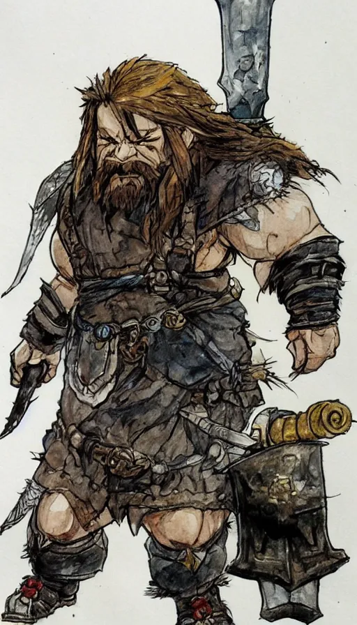 Image similar to Dwarf Barbarian, drawn by Yoji Shinkawa, water color, Dungeons and Dragons, Wizards of the Coast