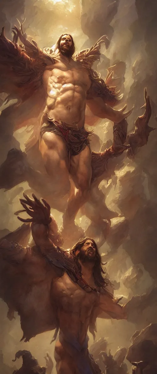 Image similar to extremely muscular jesus christ, magic the gathering art, studio lighting by jessica rossier and brian froud and gaston bussiere