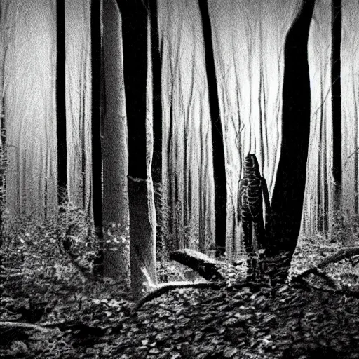 Image similar to grainy surveillance photo still of an alien in the woods at night hiding in the trees of a forest