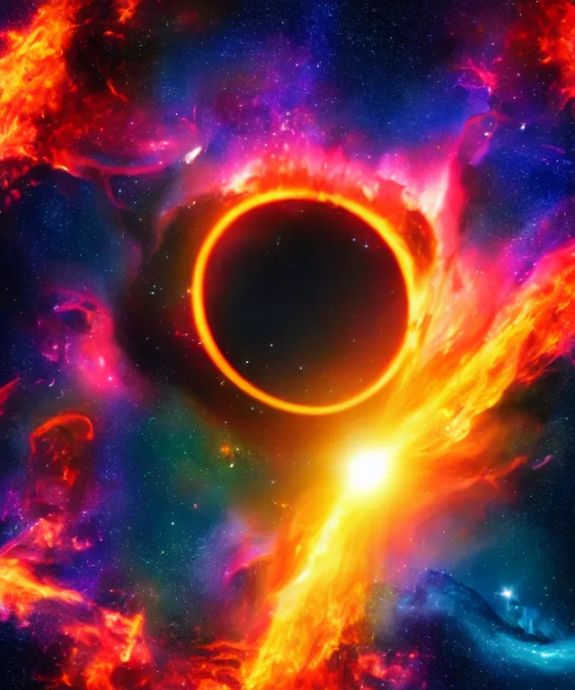 Image similar to black hole, sun, space, photorealistic, bright colors, phoenix flames, nebula clouds, soft tones