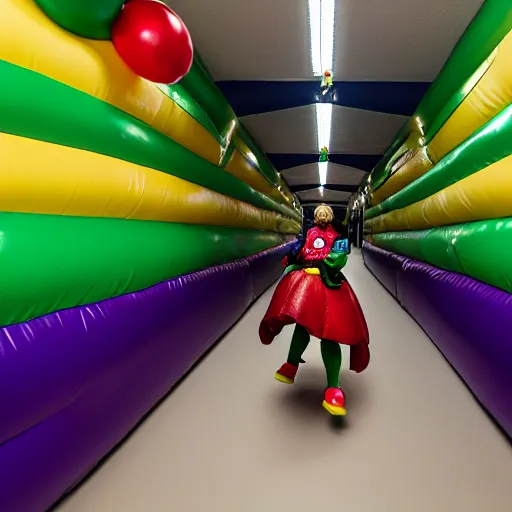 Image similar to chased by a creepy jester in an endless corridor made of bouncy castle, photo