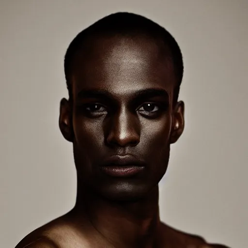 Image similar to a muted colors natural make-up portrait Photograph of a male black model, editorial story, Vogue France, editorial photographer by Peter Gehrke