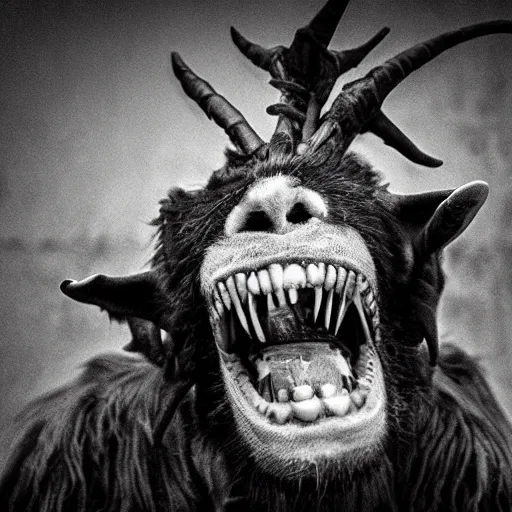 Prompt: horror photography, cinematic, moody, screeching mutant goat monster with a mouth crammed full of sharp teeth and filthy matted fur