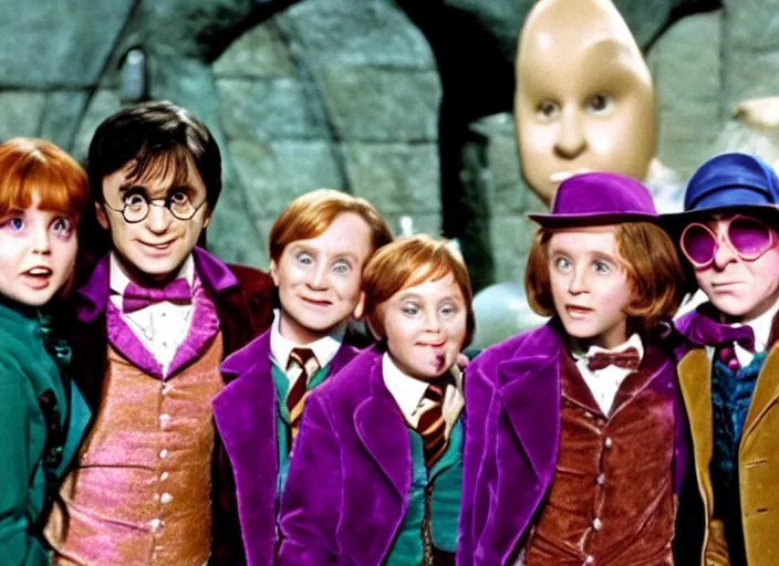 Image similar to film still of Harry potter in Willy Wonka's and the Chocolate Factory 1971