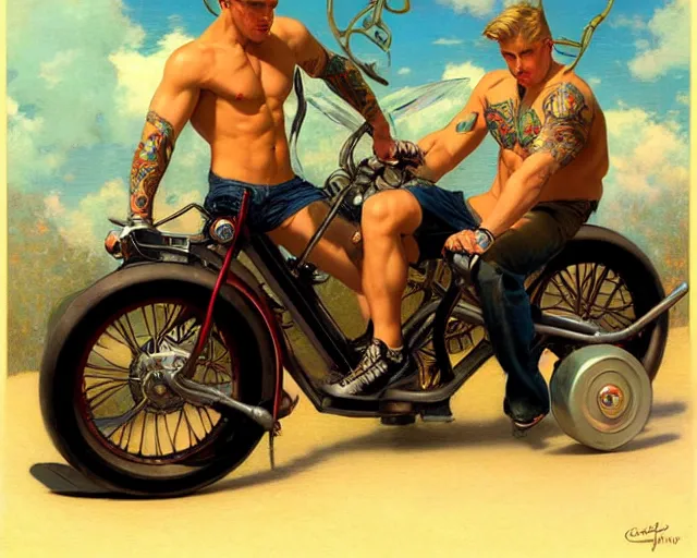 Prompt: handsome tattooed blonde gym bro rides an e - scooter, cool colors, hard angles, painting by gaston bussiere, craig mullins, j. c. leyendecker, tom of finland