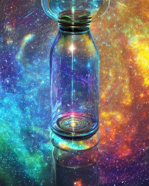 Prompt: intricate spiral galaxy, inside a glass bottle. intricately detailed. beautiful. holographic, colourful. 3 d vray render, artstation, deviantart, pinterest, 5 0 0 px models, astrophotography,