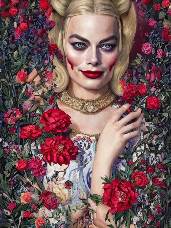 Image similar to a 60mm portrait of margot robbie harley quinn between embellished pattern and huge flower bushes,by Ekaterina Belinskaya,tom bagshaw,Cedric Peyravernay,Bella Kotak,marie spartali Stillman,Marianne North,William Morris,GUCCI,trending on pinterest,dark fantasy,maximalist,glittering,feminine