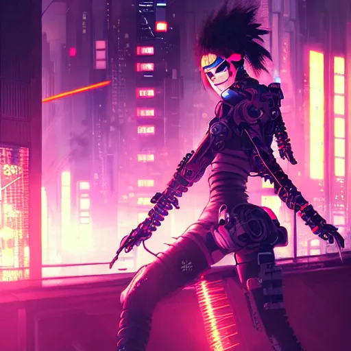 Prompt: candid action image of a fierce dangerous female cyberpunk hacker samurai in neotokyo at night, futuristic cyberpunk tokyo night, sci - fi and fantasy, intricate and very beautiful, highly detailed, digital painting, artstation, concept art, smooth and sharp focus, illustration, art by tian zi and wlop and alphonse mucha