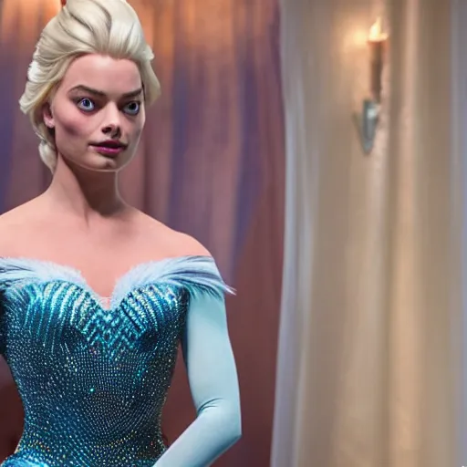 Image similar to Margot Robbie as Elsa in disney frozen live action, 8k full HD photo, cinematic lighting, anatomically correct, oscar award winning, action filled, correct eye placement,