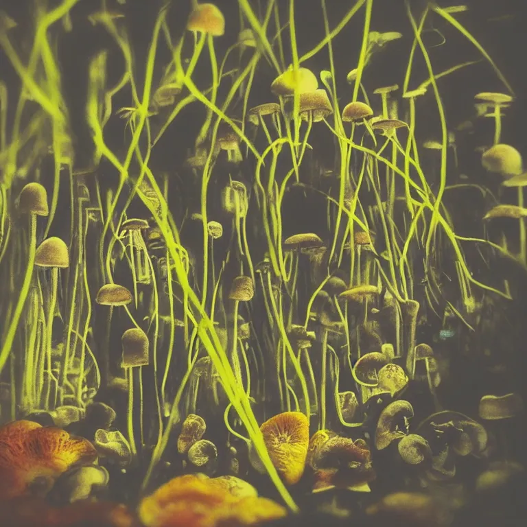 Image similar to double exposure of dally life, symbols of live, explosion, different sprouts and microgreens on mushrooms, cyber mushroom city, mushroom matrix, love is the most relevant theme, 8 k resolution, artistic mode, artistic, trending on instagram, long exposure, love art, serious, fantasy and dreams vibes, mushrooms style and macro style, spring vibes in twilight or sunset lights