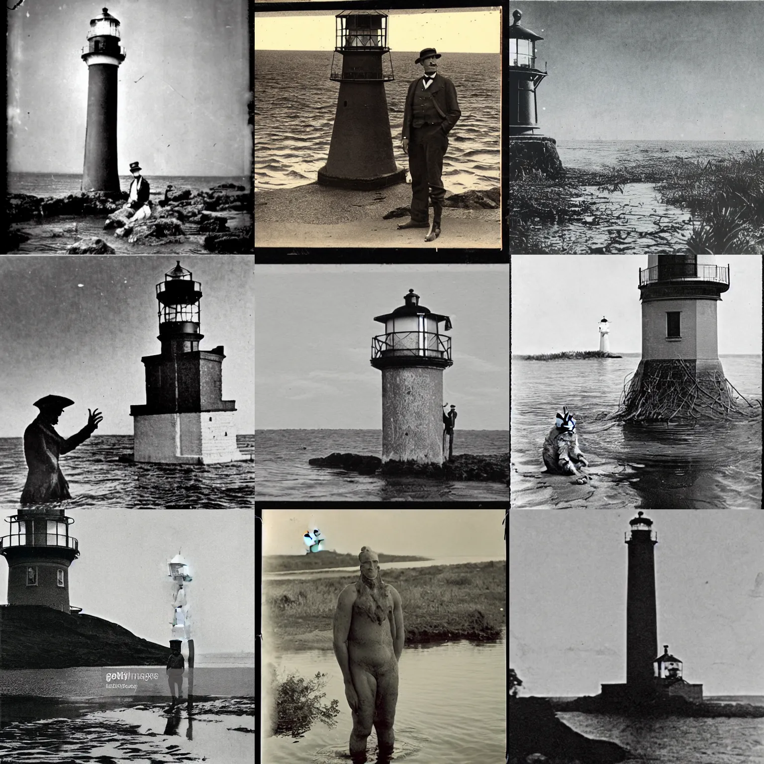Prompt: 1910s photo of a swamp monster near a lighthouse.