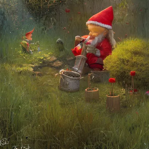 Prompt: a child looking through the bushes at highly populated garden gnome city, small red hat garden gnomes cutting tall grass down to make chairs, Greg Rutkowski, Moebius, Mohrbacher