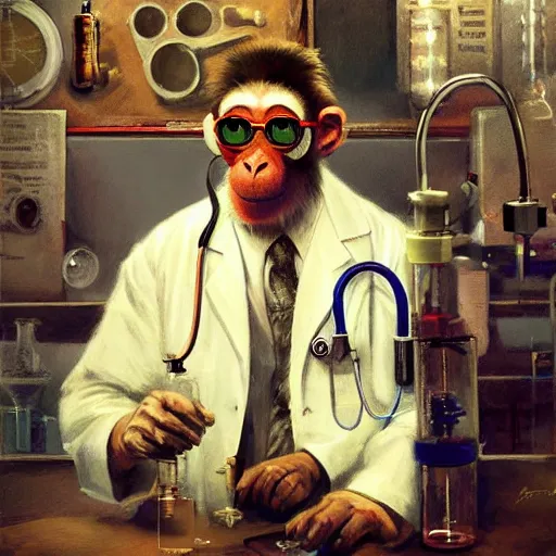 Prompt: portrait of a monkey doctor working chemical lab, artwork by gaston bussiere, craig mullins, trending on artstation, monkey dressed as a scientist, using googles and wearing a doctor coat