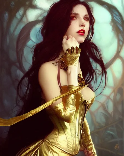 Image similar to female vampire, perfect face, gold corset, cinematic, stunning, highly detailed, digital painting, artstation, smooth, hard focus, illustration, art by artgerm and greg rutkowski and alphonse mucha