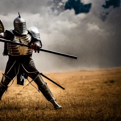 Image similar to a medieval knight in full armor, shooting an ak - 4 7. award winning national geographic photo.