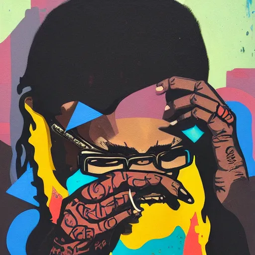 Prompt: Rick Ross Gallery Piece painting by Sachin Teng, asymmetrical, Matte Painting ,paint pour smoke, geometric shapes, marijuana, hard edges, energetic, graffiti, street art:2 Masterpiece, high detail, by Sachin Teng:4