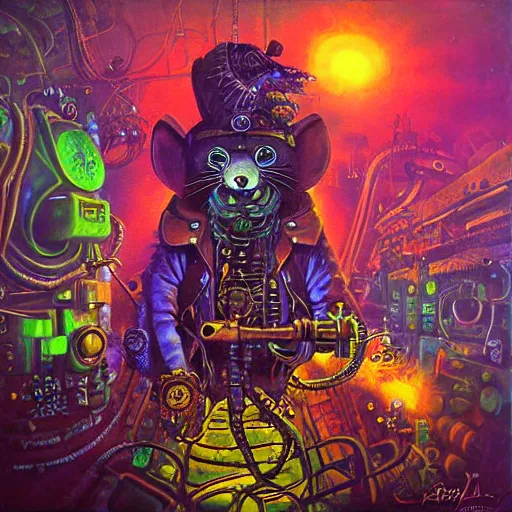 Prompt: steampunk rat, acid, 303, psychedelic, by paul lehr, cd cover for psytrance artist