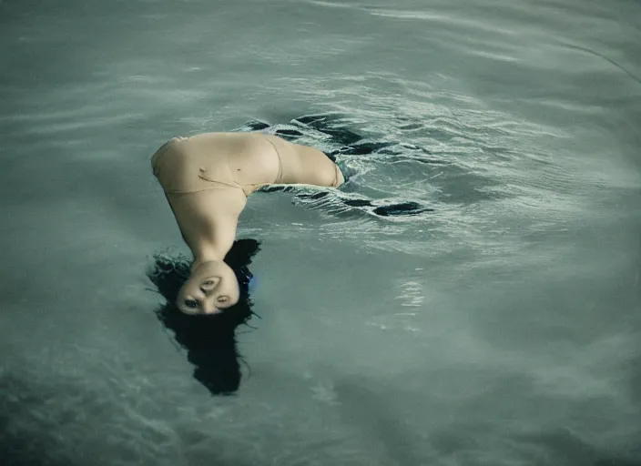 Image similar to photography, woman swimming in ocean at night, 35mm film,