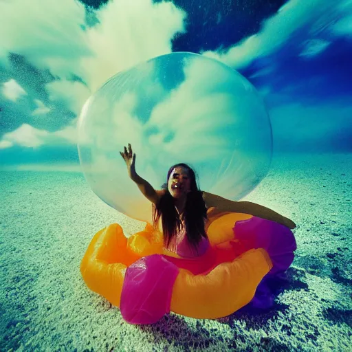 Image similar to film photography of women in a zorb ball floating in front of colourful underwater clouds by Kim Keever, low shutter speed, 35mm