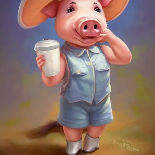 Image similar to cute little anthropomorphic funny female pig wearing shorts, a sunhat, boots and a pale blue shirt!! tiny!! fully clothed!!! small, short, cute and adorable, character art portrait, matte fantasy painting, deviantart artstation, by jason felix by steve argyle by tyler jacobson by peter mohrbacher, cinema