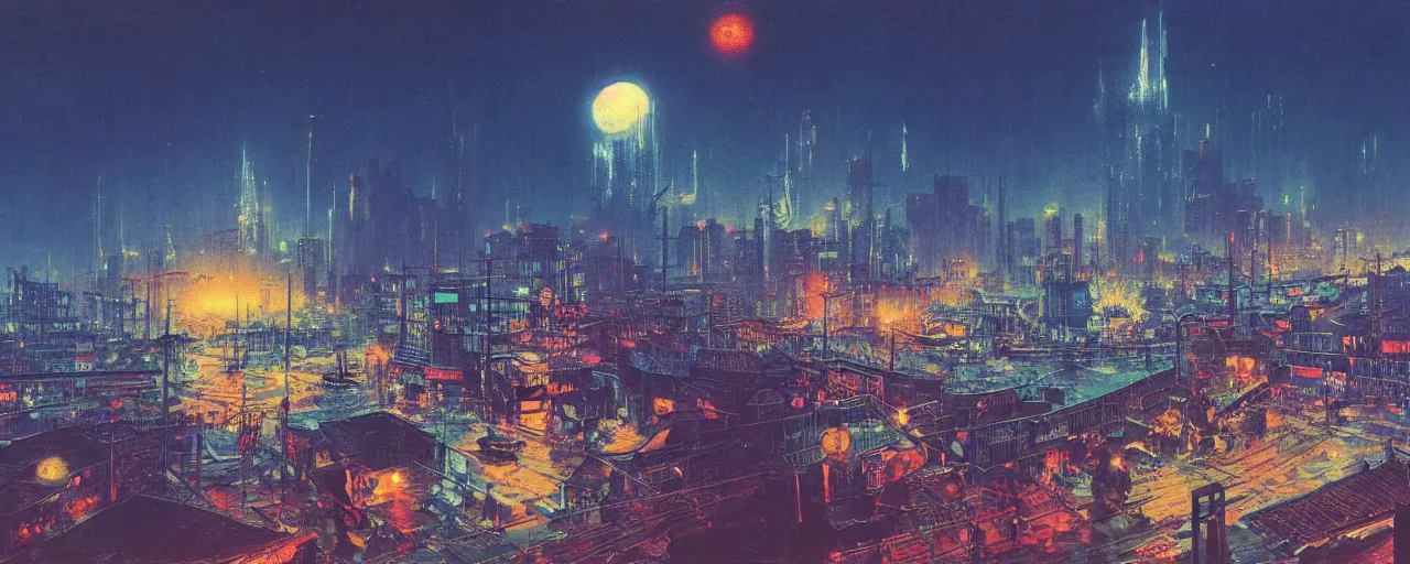 Image similar to awe inspiring bruce pennington cityscape, digital art painting of 1 9 6 0 s, antique japan at night, 4 k, matte