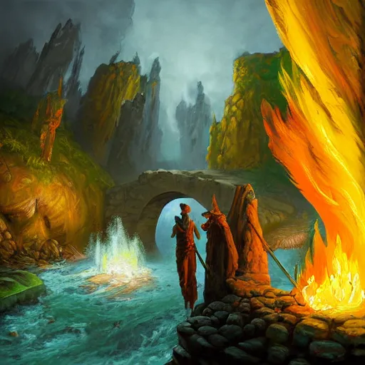 Prompt: acrylic painting, impressionism and expressionism, bold colors, expressive brushstrokes. the ferryman under a stone bridge over the river styx in hades. fantasy art by tyler edlin, cgsociety, burning torches, cliffs