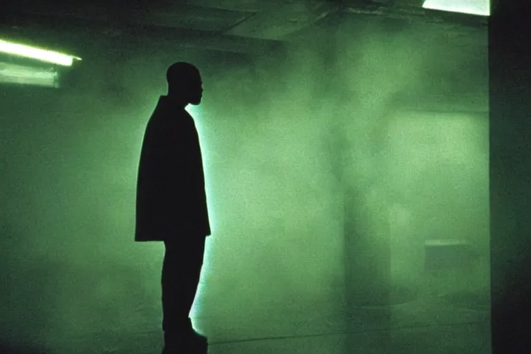 Image similar to will smith as a character from the matrix, cinematic, movie still, dramatic lighting, matrix code,!! by bill henson!!, green color theme