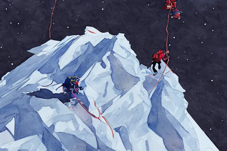 Image similar to diving from the top of mount everest. Film watercolor, artstation, highly detailed. Sharp, 8k