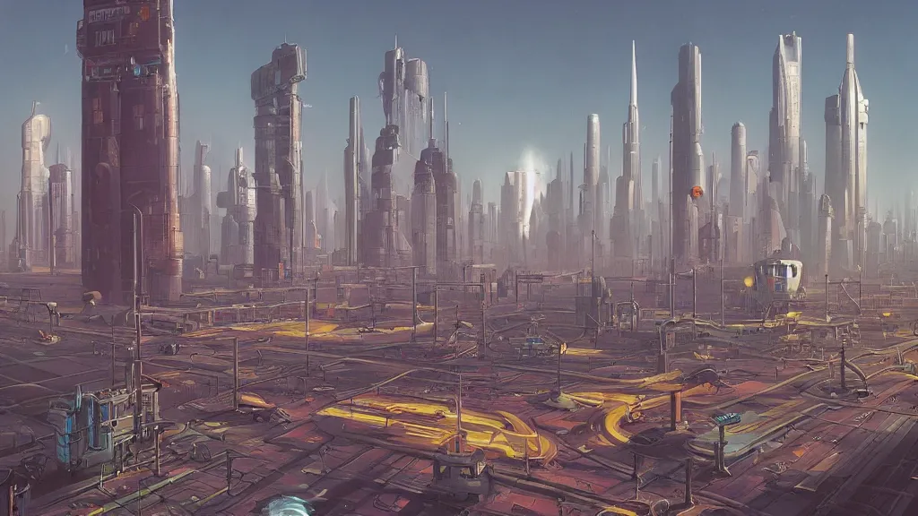 Image similar to sci fi city, 3 point perspective, by simon stålenhag and Michael Whelan, high contrast, cinematic