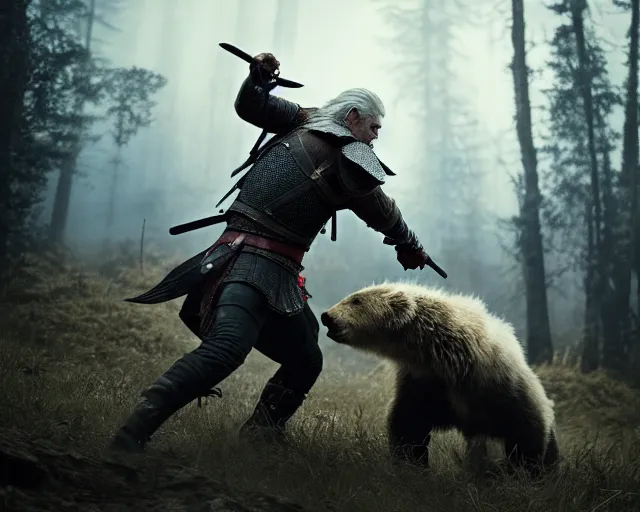 Image similar to 5 5 mm portrait photo of geralt fighting a demonic bear. magical atmosphere. art by greg rutkowski. highly detailed 8 k. intricate. lifelike. soft light. nikon d 8 5 0.