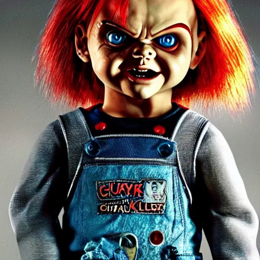 Prompt: Chucky the killer doll from the movie Child's Play looking sinister movie still 8k hdr highly detailed