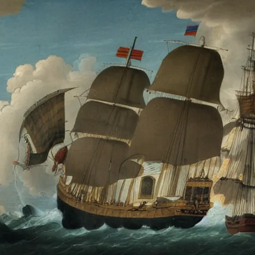 Prompt: an old 1 7 2 0 painting of blackbeard on his ship while a lighting strucks into the ship,