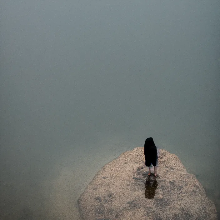 Image similar to a woman, standing in shallow endless water, foggy, backlit, backlit, photo by Marat Safin, Canon EOS R3, f/1.4, ISO 200, 1/160s, 8K, RAW, unedited, symmetrical balance, in-frame