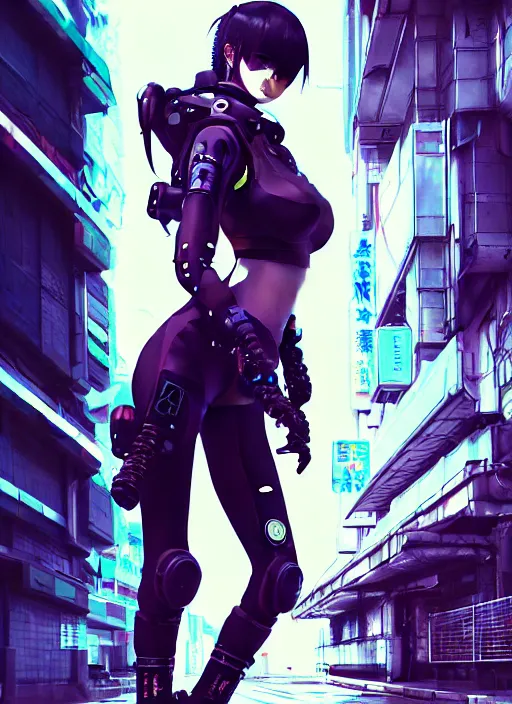 Image similar to hyper - realistic cyberpunk anime woman wearing inline skate, tokyo street, extreme detail, good face, model, concept art, in style of yoji shinkawa, pan ren wei, col price, atey ghailan, by greg rutkowski, by greg tocchini, by james gilleard, by joe fenton, by kaethe butcher, aesthetic