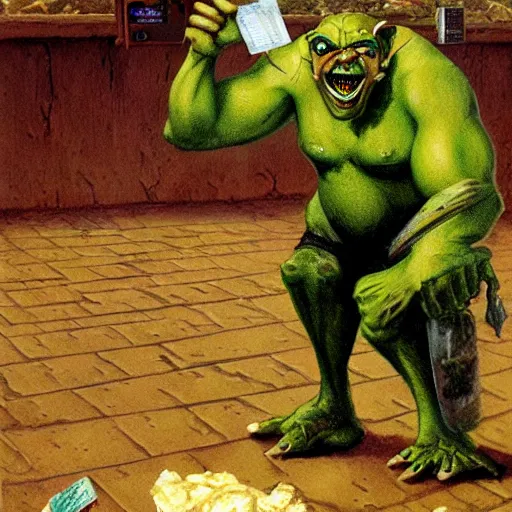 Prompt: greenskin goblin having a tantrum at mcdonalds cashier, by les edwards